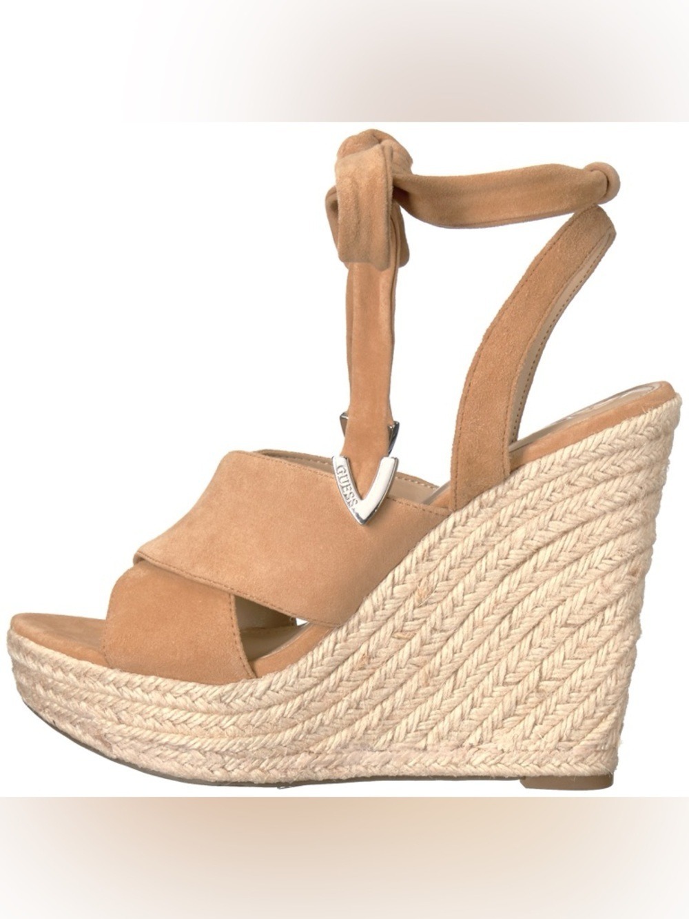 Guess Oshira Tan Suede Leather Espadrille Wedges with Ankle Tie